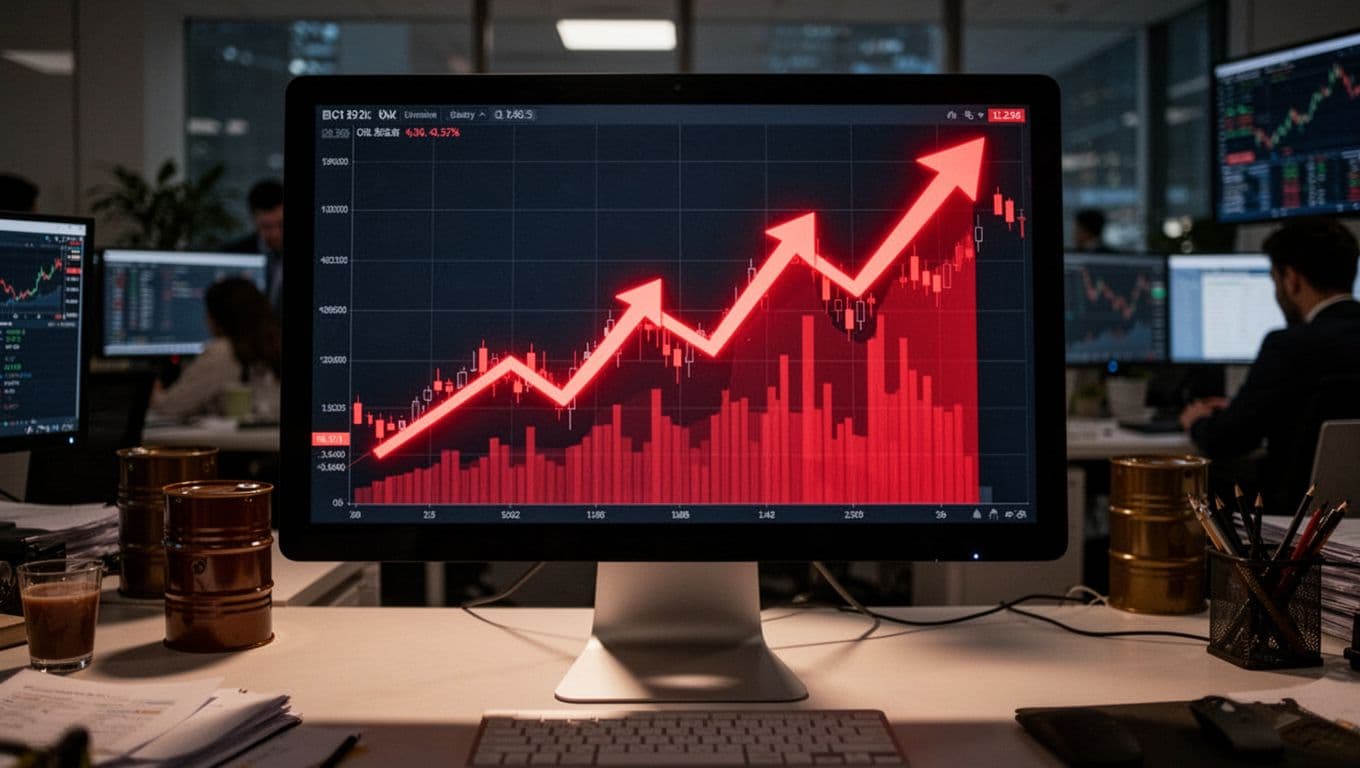 Close-up of centered trading screen showing surging oil barrel prices with red upward arrows and ticks in dimly lit office.