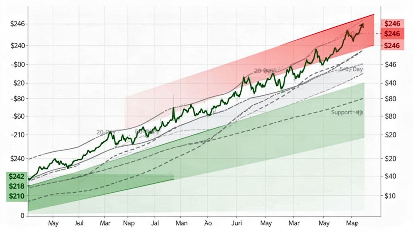 A simple landscape line chart illustrating a steadily rising green stock price over months, featuring a red shaded resistance zone near $246, green support zone around $210-$242, and dashed 20-day and 50-day moving averages on a clean white grid background.