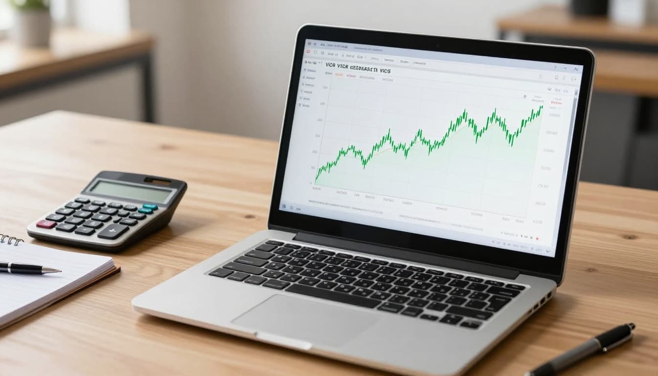 A laptop screen shows a rising green stock chart for VICR, placed next to a calculator and an open notebook with pen on a wooden desk in an office setting with natural daylight.