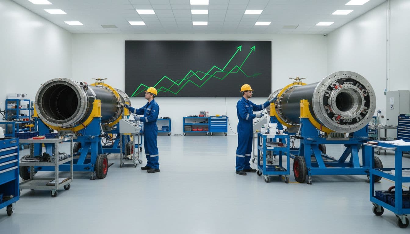 Two engineers in blue coveralls work on large cylindrical rocket components in spacious factory, background screen shows green upward financial charts.