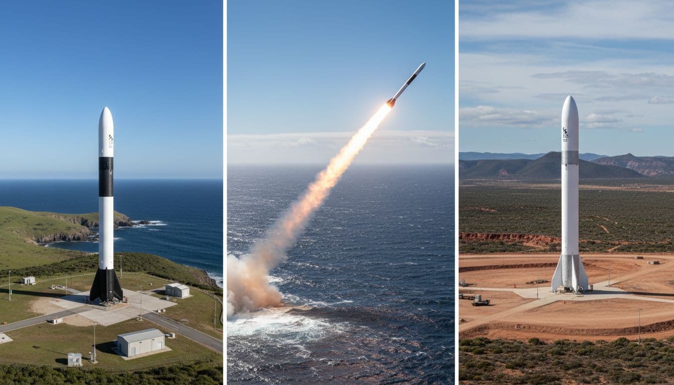 Triptych shows Electron rocket on coastal pad, HASTE streaking over ocean, Neutron on inland pad.