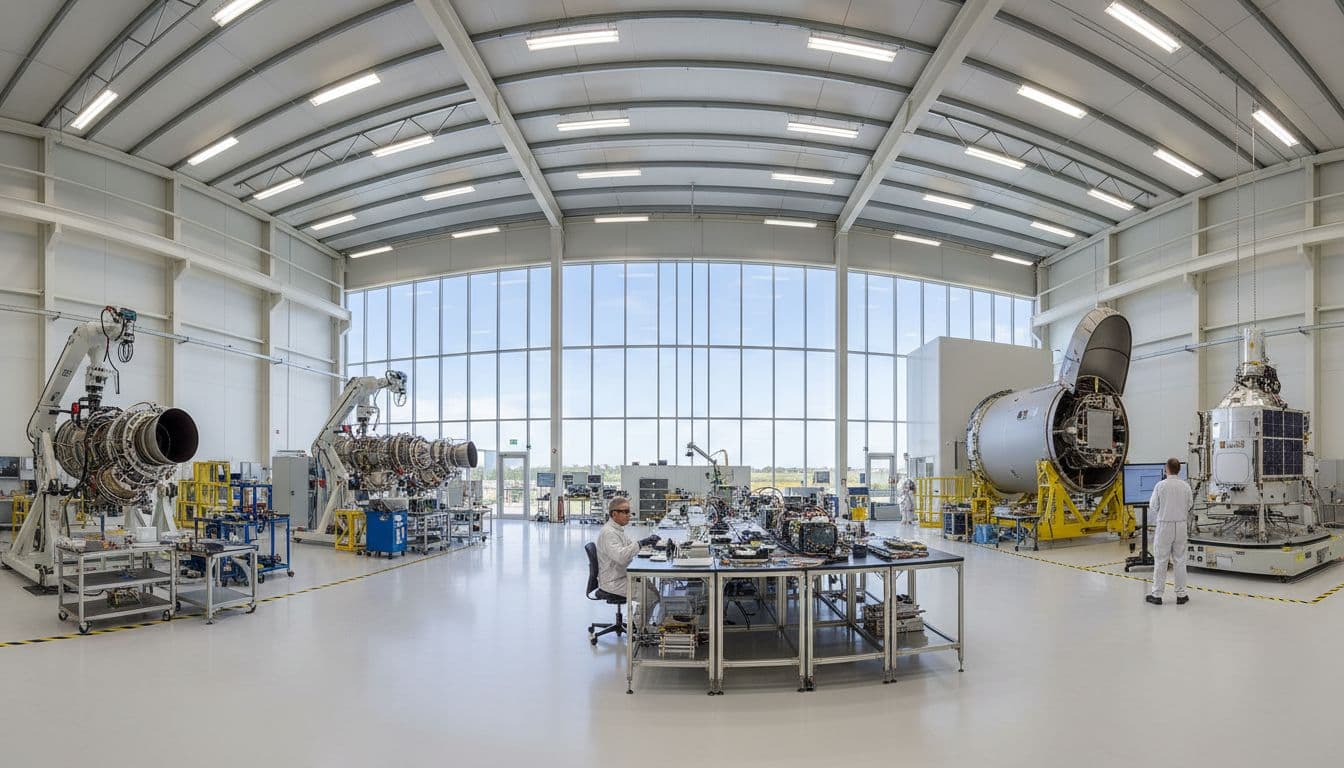 Spacious factory interior with rocket engine assembly on left, satellite integration in center, spacecraft testing on right, two engineers in clean suits.