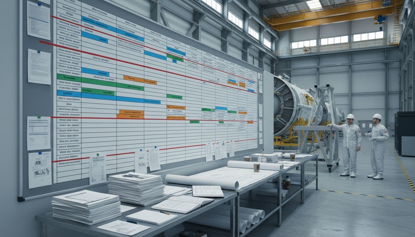 Wall-mounted mission schedule board with timelines and charts beside tables of contracts, blueprints, and notebooks; two technicians near rocket stages in background.