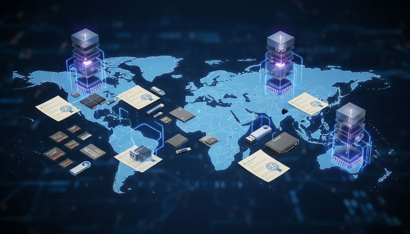 Photorealistic global map of the storage market overlaid with NAND chips, patent documents, memory cards, USB drives, and SSDs across key regions, symbolizing SanDisk's role.