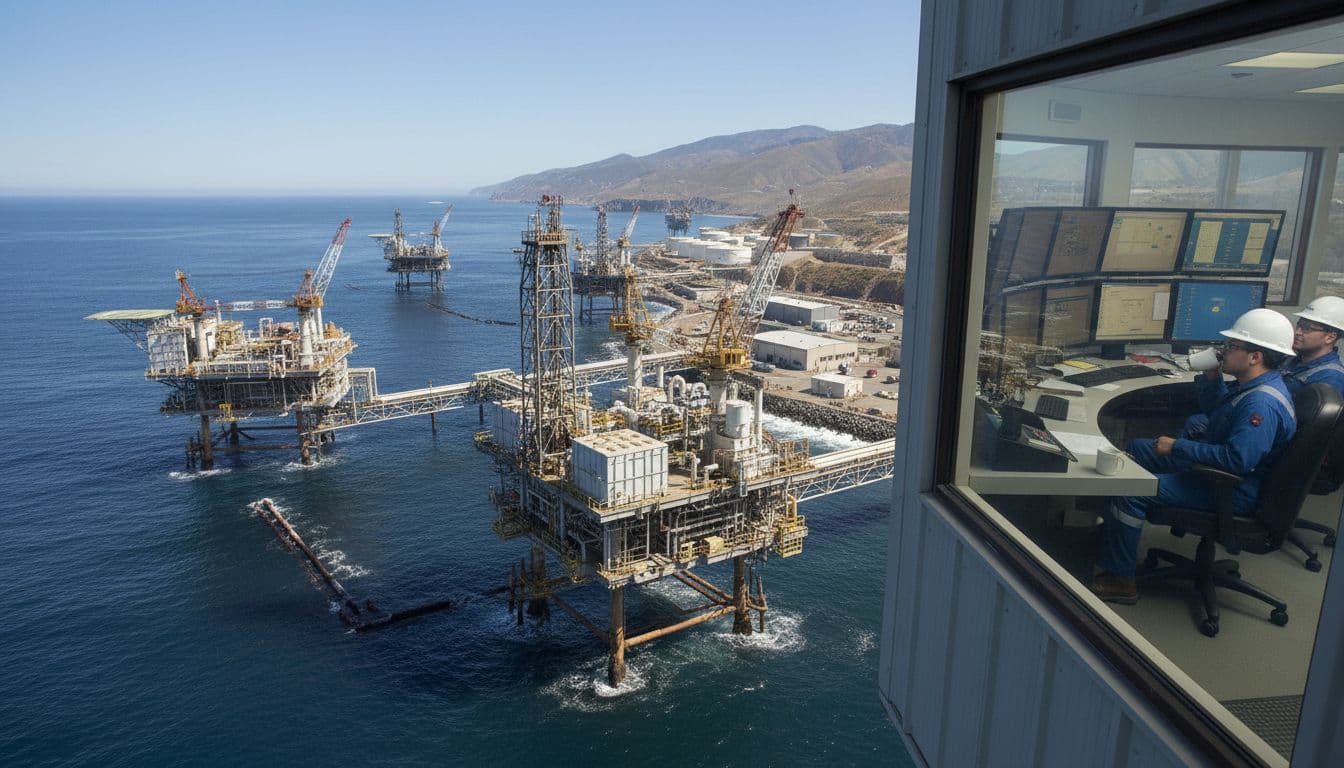 Photorealistic landscape of Santa Ynez Unit offshore oil platforms in the Pacific Ocean connected by pipelines to onshore facilities along the sunny California coast, featuring a control room interior with two workers in hard hats monitoring equipment in relaxed poses.