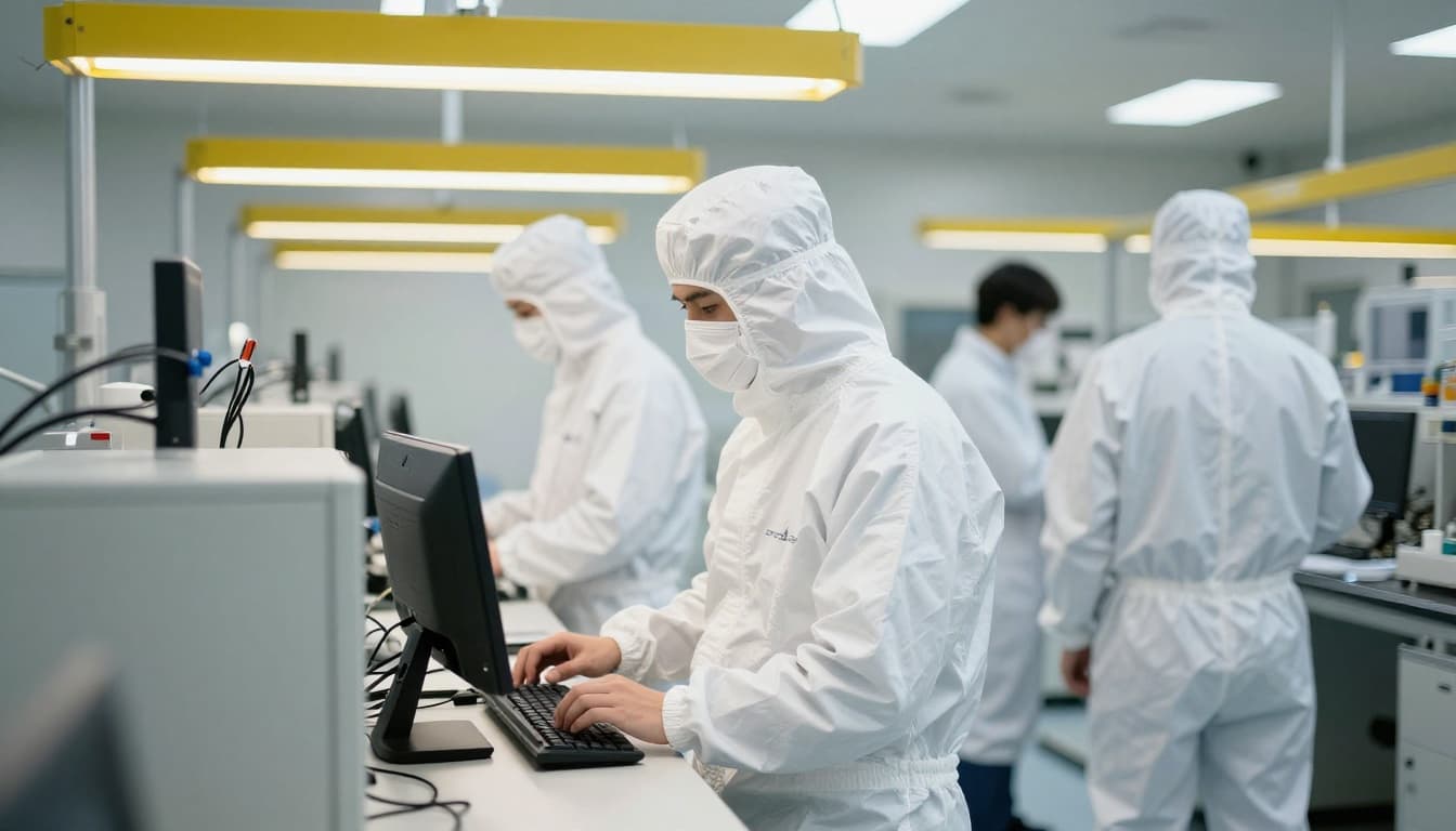 Interior of a modern semiconductor cleanroom featuring exactly three white-suited technicians working at equipment stations under yellow overhead lighting strips, high-detail realistic photography.