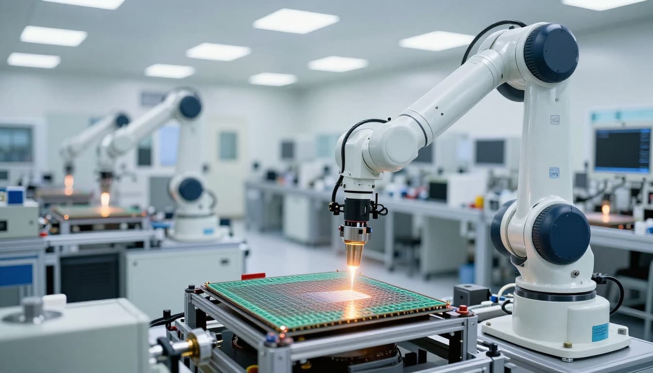 Interior of a semiconductor fabrication line with precision lasers processing silicon wafers in a cleanroom, featuring one robotic arm and high-tech equipment under bright lighting.