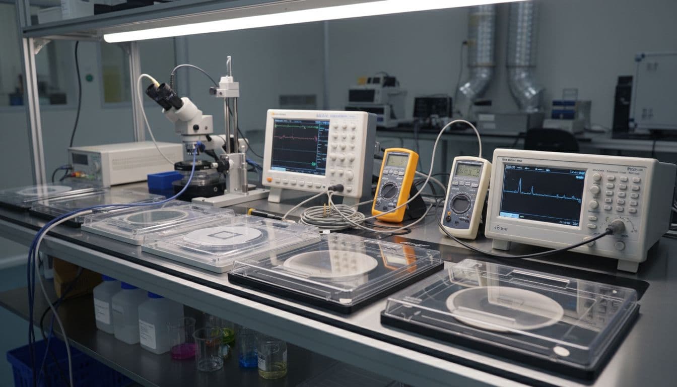 Realistic photo of a semiconductor fabrication lab bench with test equipment, silicon wafers in trays, probes and meters arranged neatly, bright overhead lab lighting, top slightly angled landscape view, no people, high detail, no text.