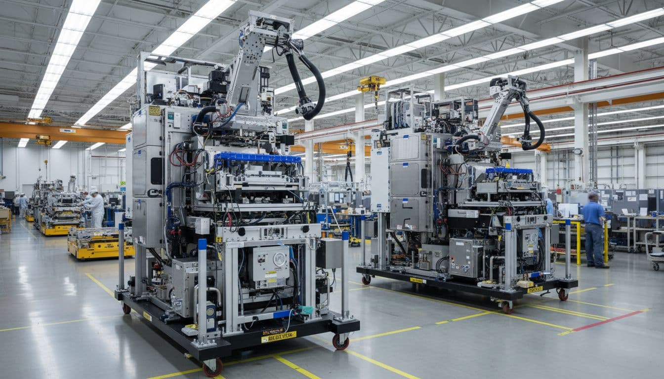 Photo-realistic landscape view of the global semiconductor supply chain, featuring Lam Research etch and deposition tools on a factory assembly line with blurred workers in the background, industrial setting under bright lighting.