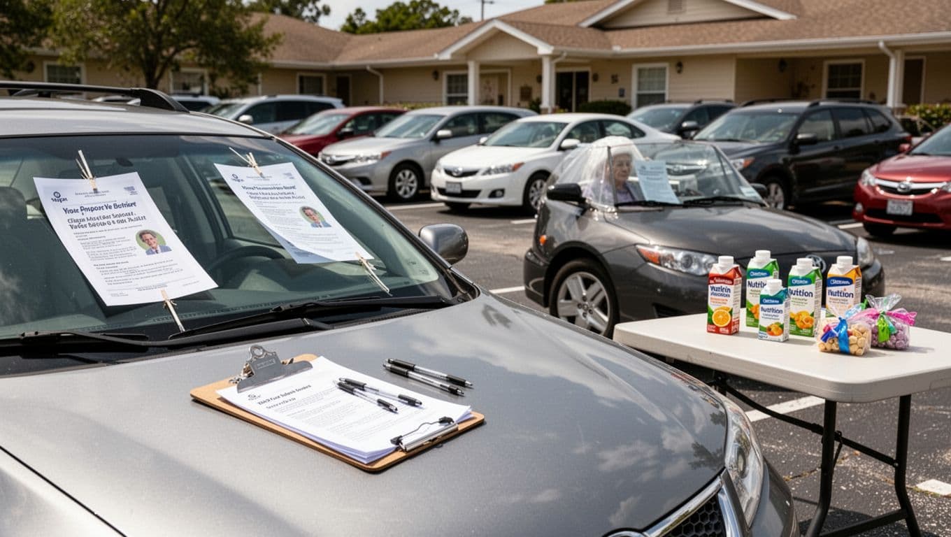 Photo-realistic daytime image of a senior center parking lot with parked cars featuring flyers on windows, a clipboard and pens on a car hood, and a nearby table with nutrition drinks and small gifts for staged outreach. No people, text, watermarks, or logos present; landscape composition extending to all edges.