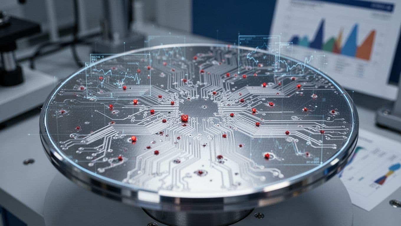 Close-up of a polished silicon wafer under inspection light revealing intricate circuit patterns and tiny defects highlighted by a faint digital overlay with red dots. Softly blurred lab background in photorealistic style with high detail and cool blue-silver tones.