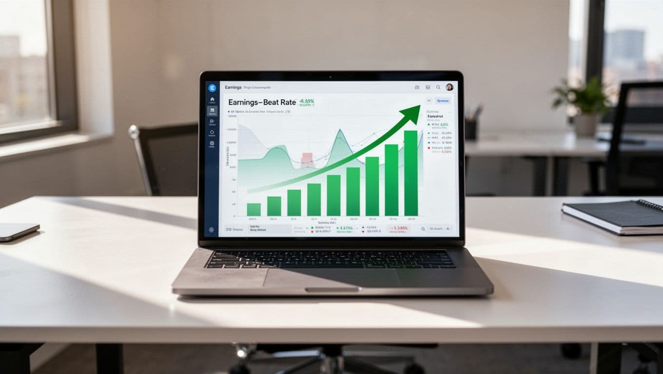 Laptop on modern office desk shows upward S&P 500 earnings chart with prominent green bars for high EPS beats.