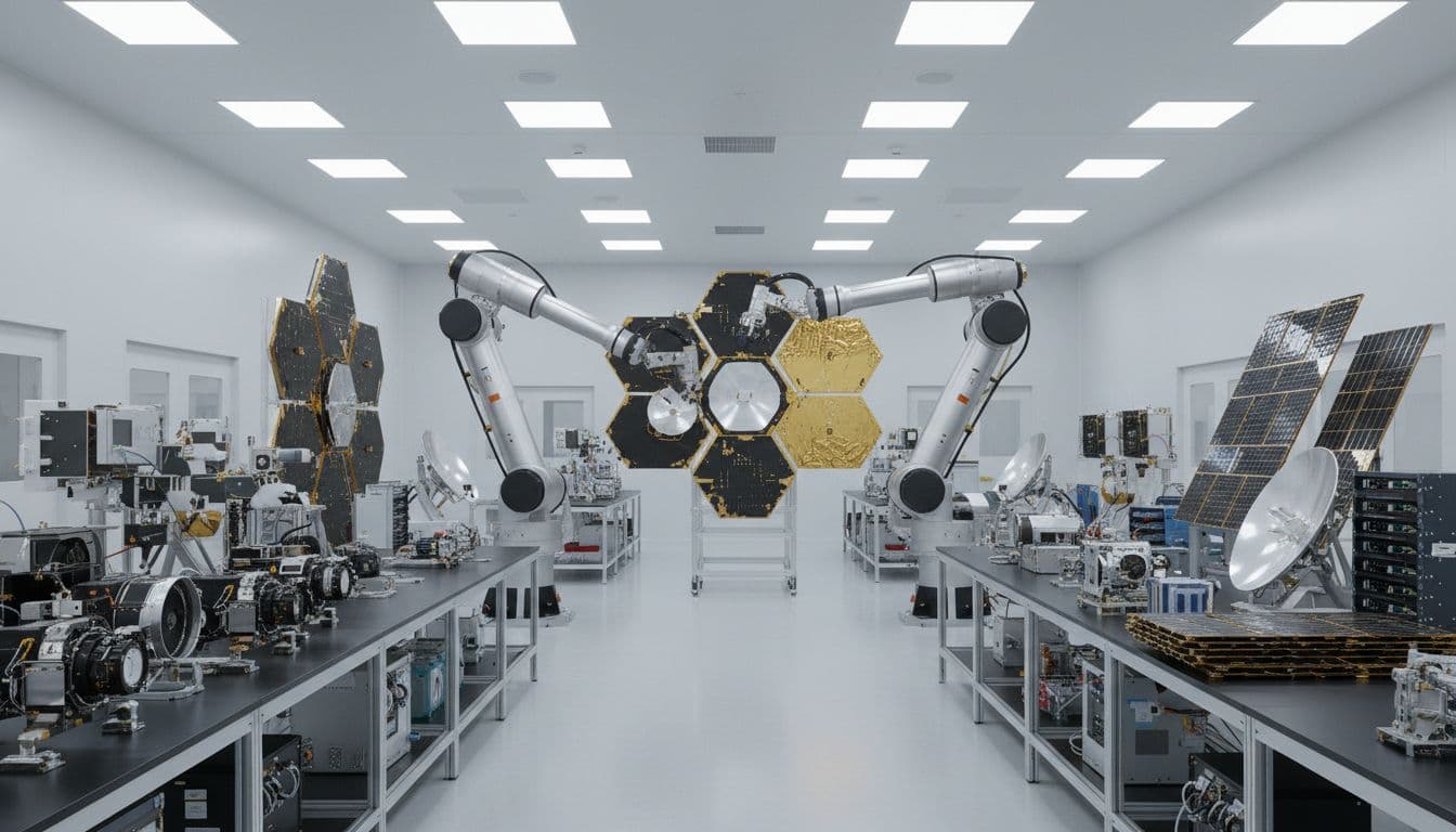 High-tech cleanroom displays optical terminals left, robotic arms handling satellite panels center, and components right.