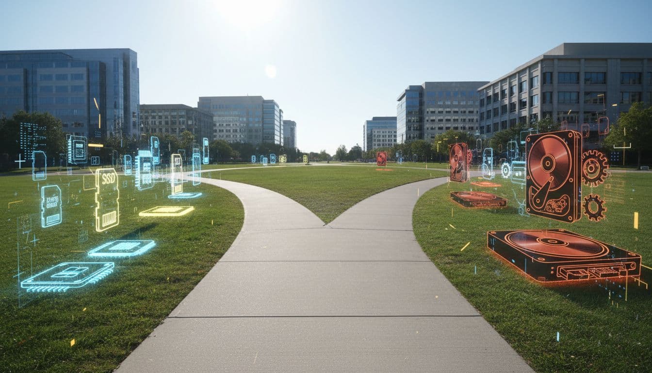 Symbolic photorealistic landscape image of two diverging paths in a corporate business park, one surrounded by SSD and flash memory icons, the other by HDD and disk drive icons, on a sunny day with high detail and no people or text.