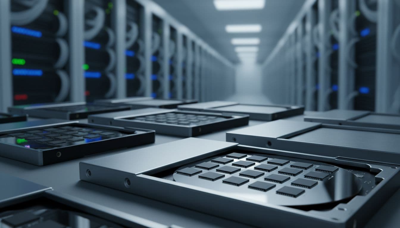 Close-up of shiny high-capacity SSD drives, detailed NAND flash memory chips on silicon wafers, and rows of cloud server racks in a modern data center background.