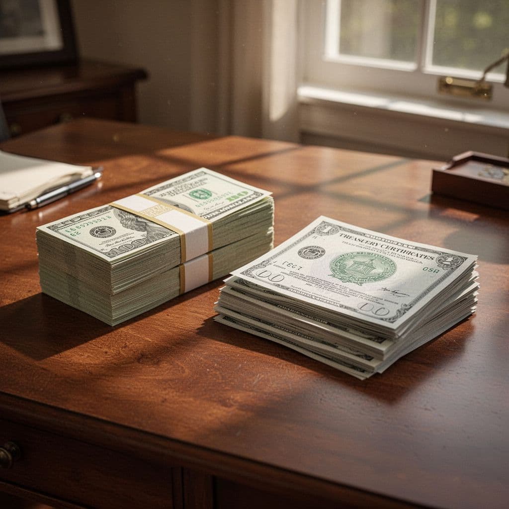 Stacks of bundled cash and U.S. treasury bonds certificates on polished wooden desk in sunlit home office.