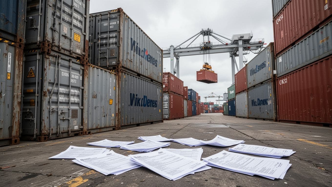 Stacked shipping containers at a port with scattered customs paperwork nearby and a crane lifting one under overcast sky.