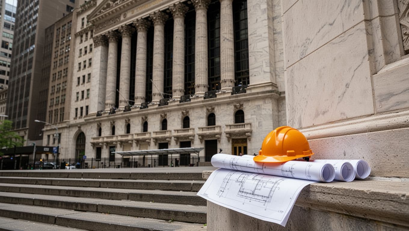 Exterior facade of a stock exchange building in an urban setting, featuring a small mining helmet on a ledge next to a rolled blueprint, with steps leading up. Realistic daytime photo with detailed architecture, no people, text, logos, or watermarks.