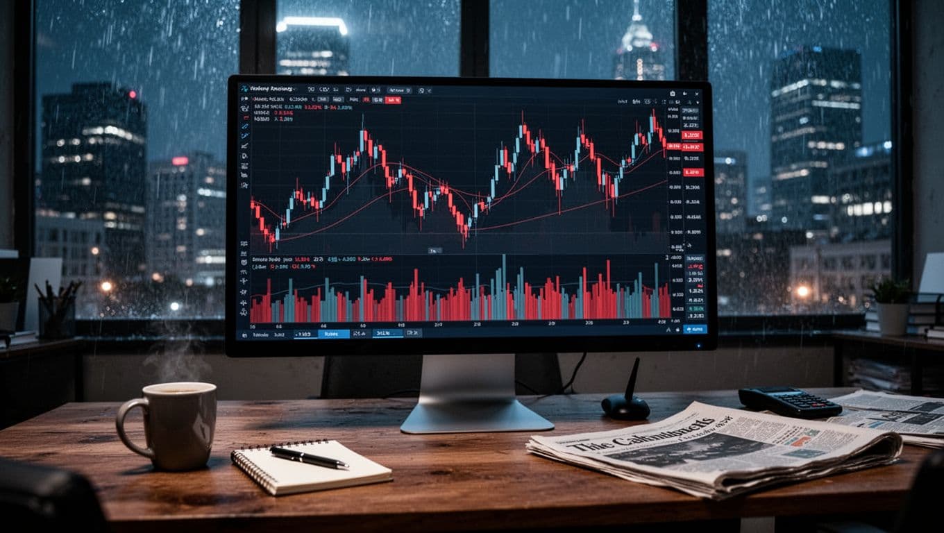 A large computer monitor in a dimly lit office displays plunging stock charts with red candlesticks and spiking volume bars signaling market panic. Wooden desk cluttered with coffee mug, notepad, financial newspapers; rainy night city skyline in background.