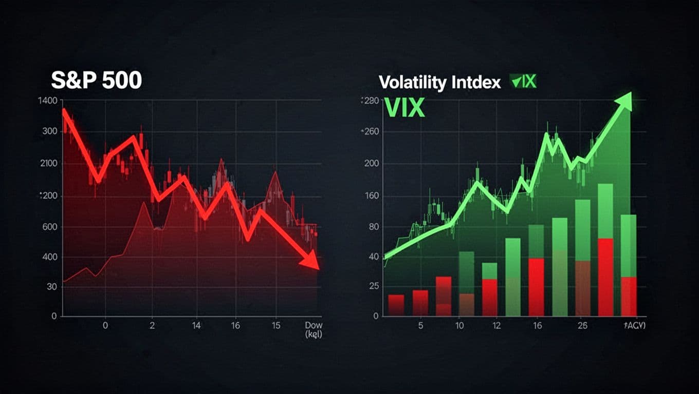 Abstract financial charts showing major stock indexes like S&P 500 and Dow falling sharply in red downward trends, while the VIX volatility index spikes upward in green on a clean modern dark gradient background.