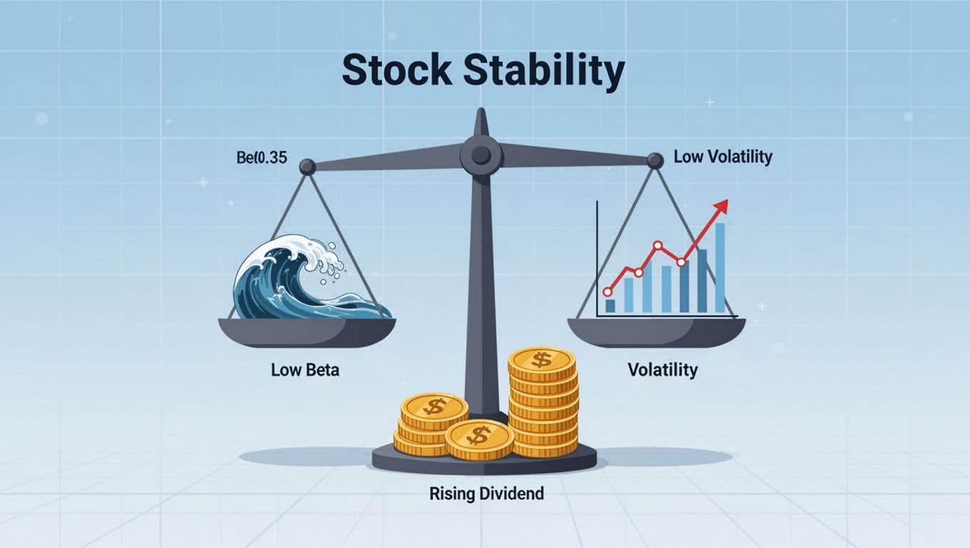 A minimalistic flat vector infographic in landscape ratio showing a balanced scale for stock stability, with low beta wave icon, steady volatility line graph, and stacking dividend coins on a light blue gradient background with faint grid lines.