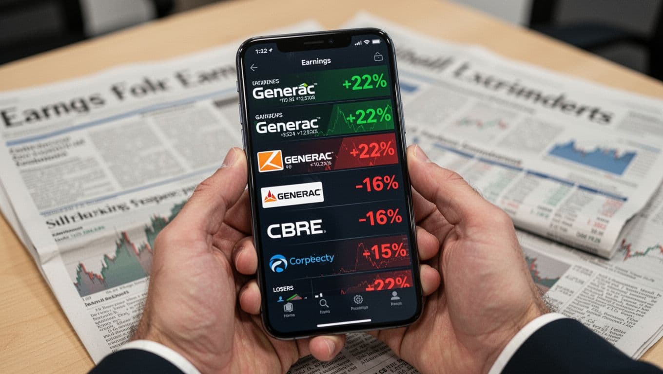 Close-up of a mobile phone screen showing stock tickers with green gainers like Generac +22% and red losers like CBRE -16%, held loosely by two hands over a blurred office desk with financial newspapers.