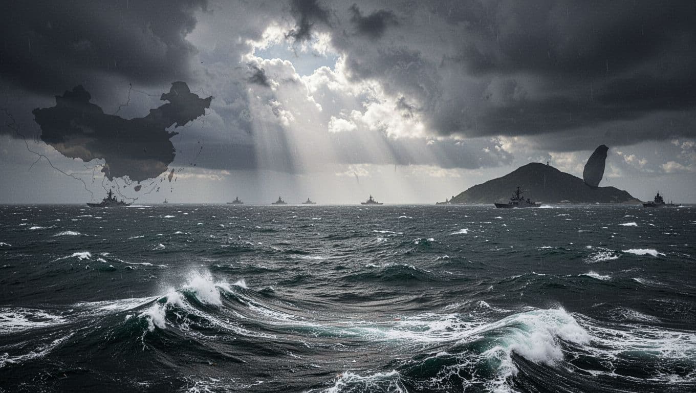 Dramatic realistic landscape of the Taiwan Strait under stormy skies with turbulent ocean waves, silhouettes of Taiwan and mainland China, and distant naval ships conveying tense geopolitical atmosphere.
