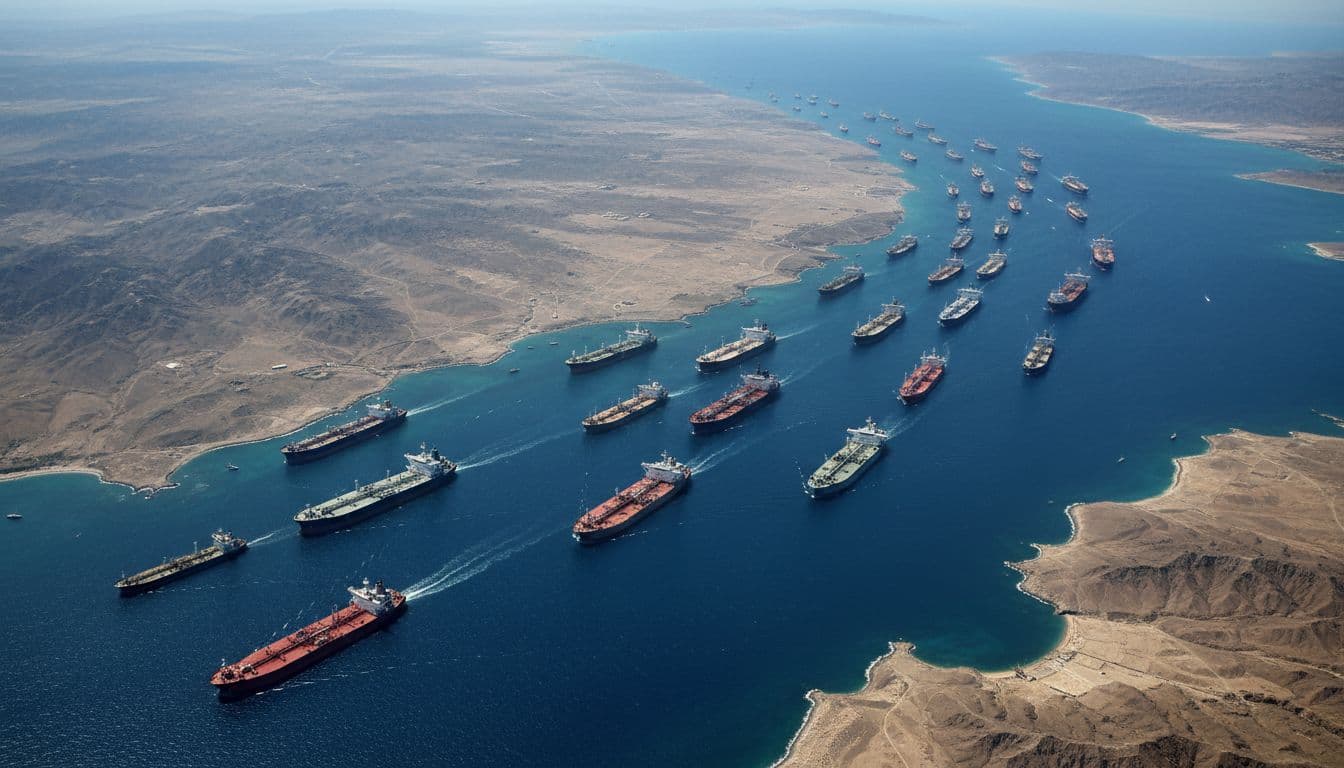 Aerial view of the Strait of Hormuz crowded with 20-30 oil tankers queued to exit the Persian Gulf.