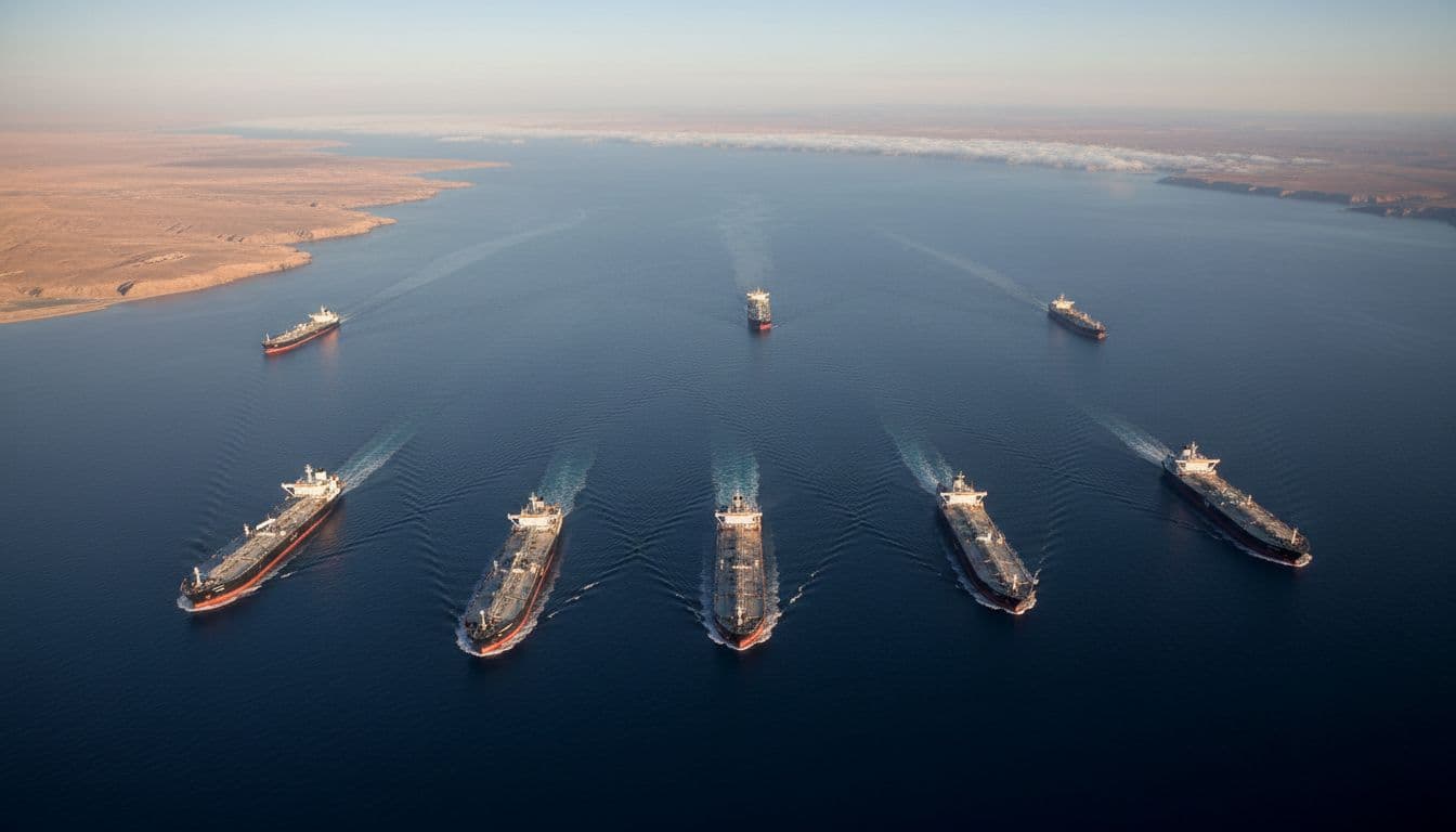 Satellite aerial view of multiple oil tankers sailing in formation on calm sea with Persian Gulf coastline behind.