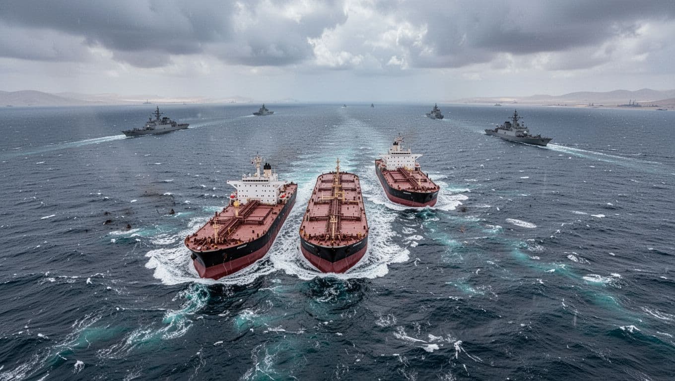 Satellite-style aerial image of oil tankers queued in the Strait of Hormuz under cloudy skies, with distant naval ships patrolling choppy waters evoking tension in muted blue-gray tones.