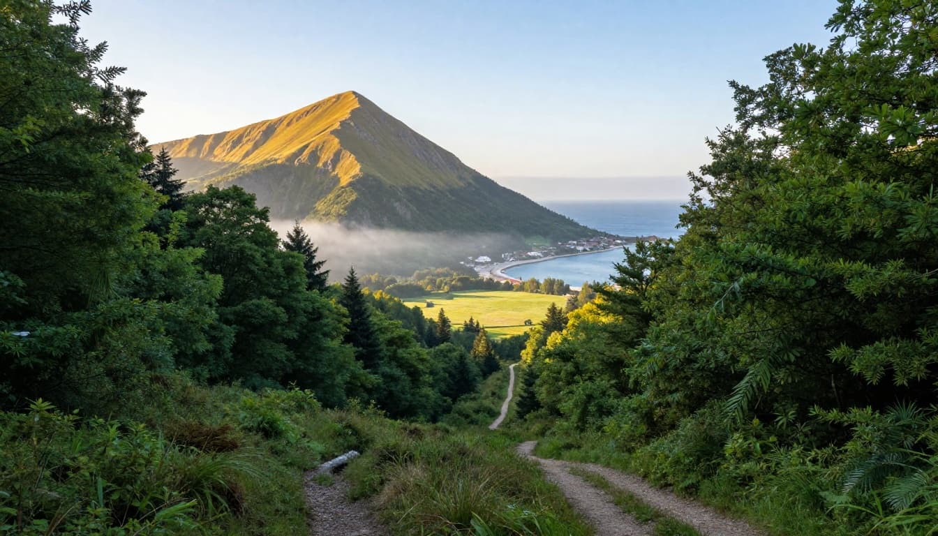 Wide landscape view of a sunny forest path splitting into three trails: left climbs steeply to a golden mountain peak, center levels to a sunny plateau with distant views, right descends gently to a calm blue harbor by the sea. Lush green trees frame the scene with soft morning mist, photorealistic high detail evoking inviting exploration.