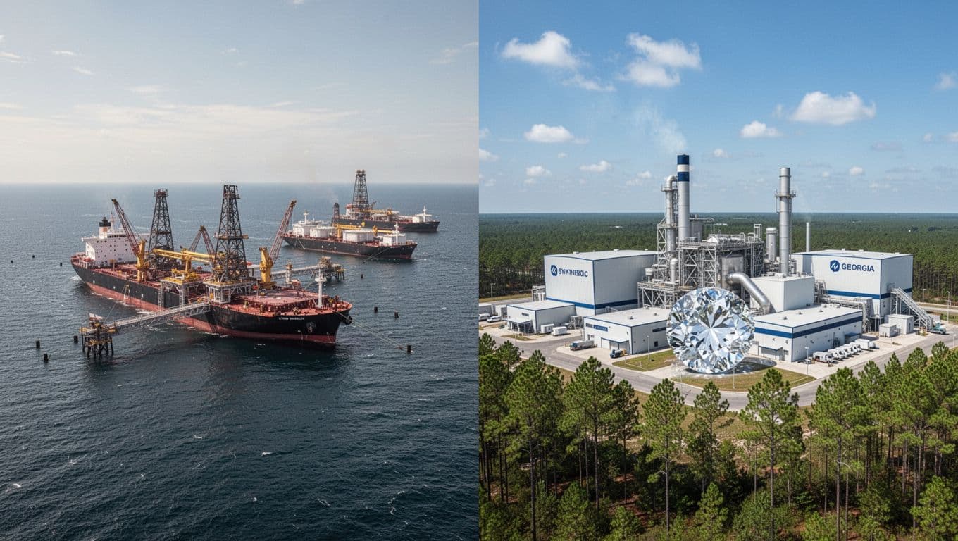 Realistic split-scene landscape showing a deepwater crude oil export terminal off the Texas Gulf Coast with docked tanker ships on the left, and a modern synthetic diamond factory in a Georgia pine forest on the right, with calm seas, blue skies, and high detail.