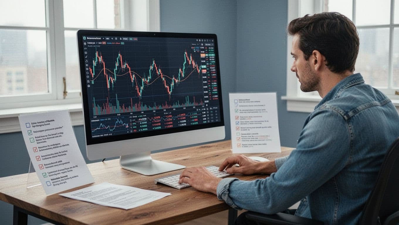 A single person sits relaxed at a wooden desk, examining a large monitor displaying a volatile stock chart with lines and data points, next to a printed checklist with bullet points, in a calm room lit by window light using neutral soft blues and grays.