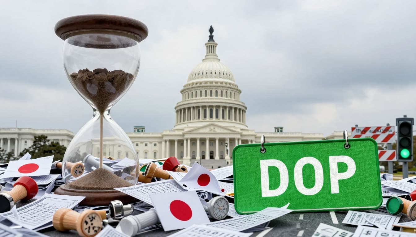 Landscape symbolic image of tight calendar deadlines with hourglass, permit stamps pile, US and Japan capitol buildings, mixed roadblocks and green lights, caution theme in illustrative realistic style, tense professional mood under overcast sky, no people, text, or watermarks.