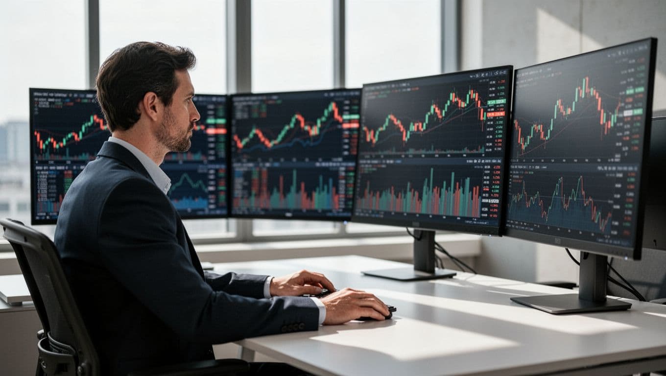 Professional trader at desk with multiple angled monitors showing blurred ETF charts, RSI, MACD, and momentum indicators.