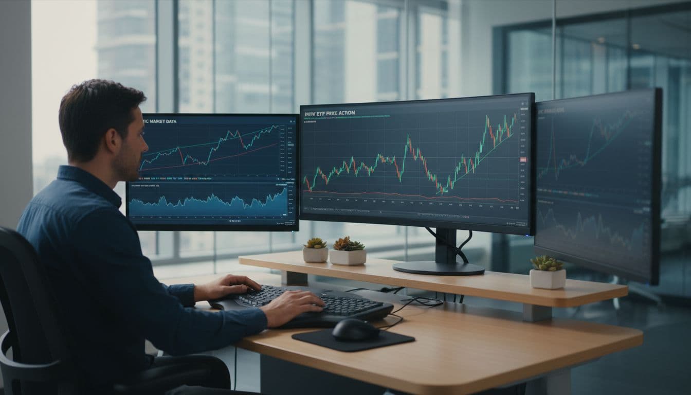 Focused trader at modern desk views INTW ETF prices on large monitor with INTC charts on secondary screens.