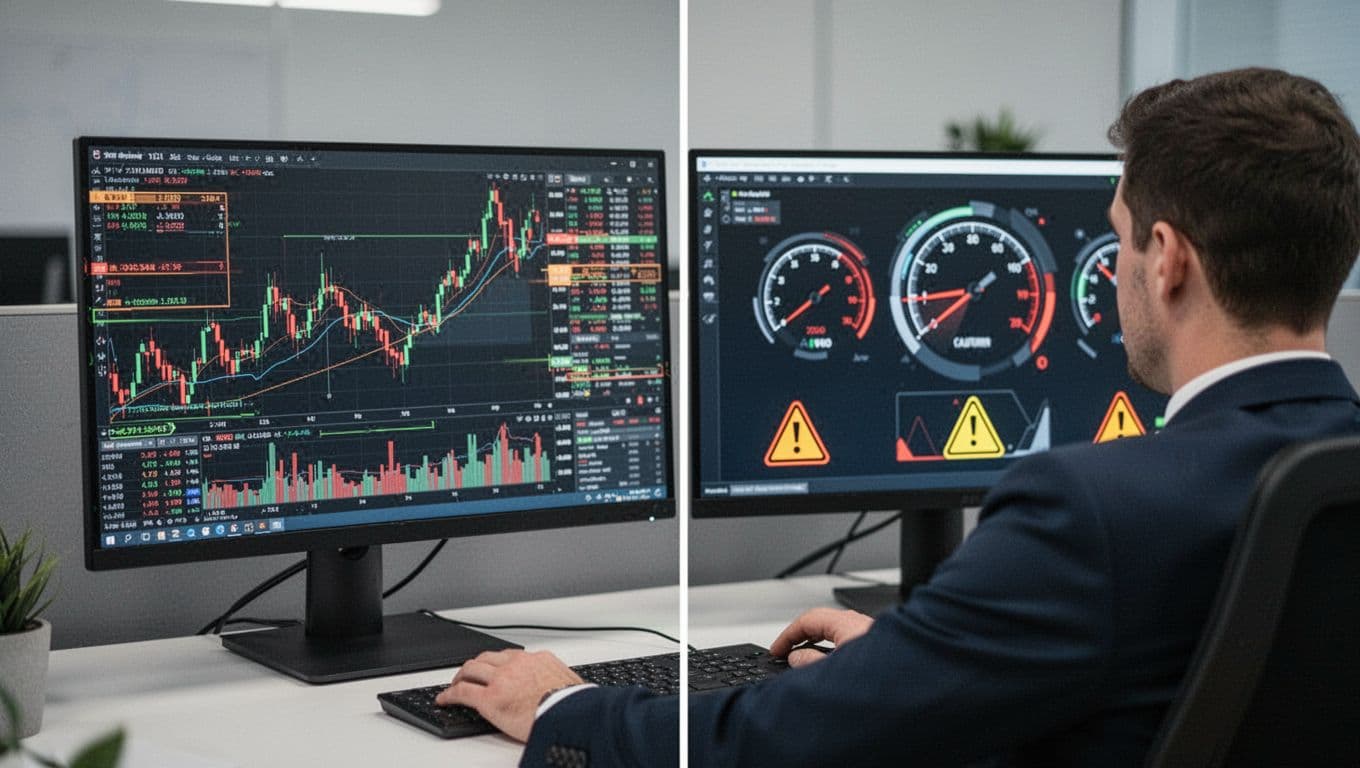 Photo-realistic split-view landscape showing a trader reviewing rising stock charts on one screen and risk alerts with volatility gauges on another, in neutral office lighting.