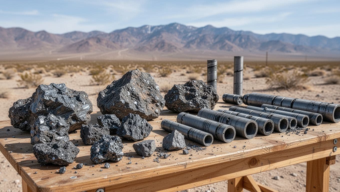 Tungsten ore chunks and drilling core samples arranged on a wooden field table against a Nevada desert landscape with mountains in the background. Realistic close-up composition under natural daylight, featuring detailed rock textures.