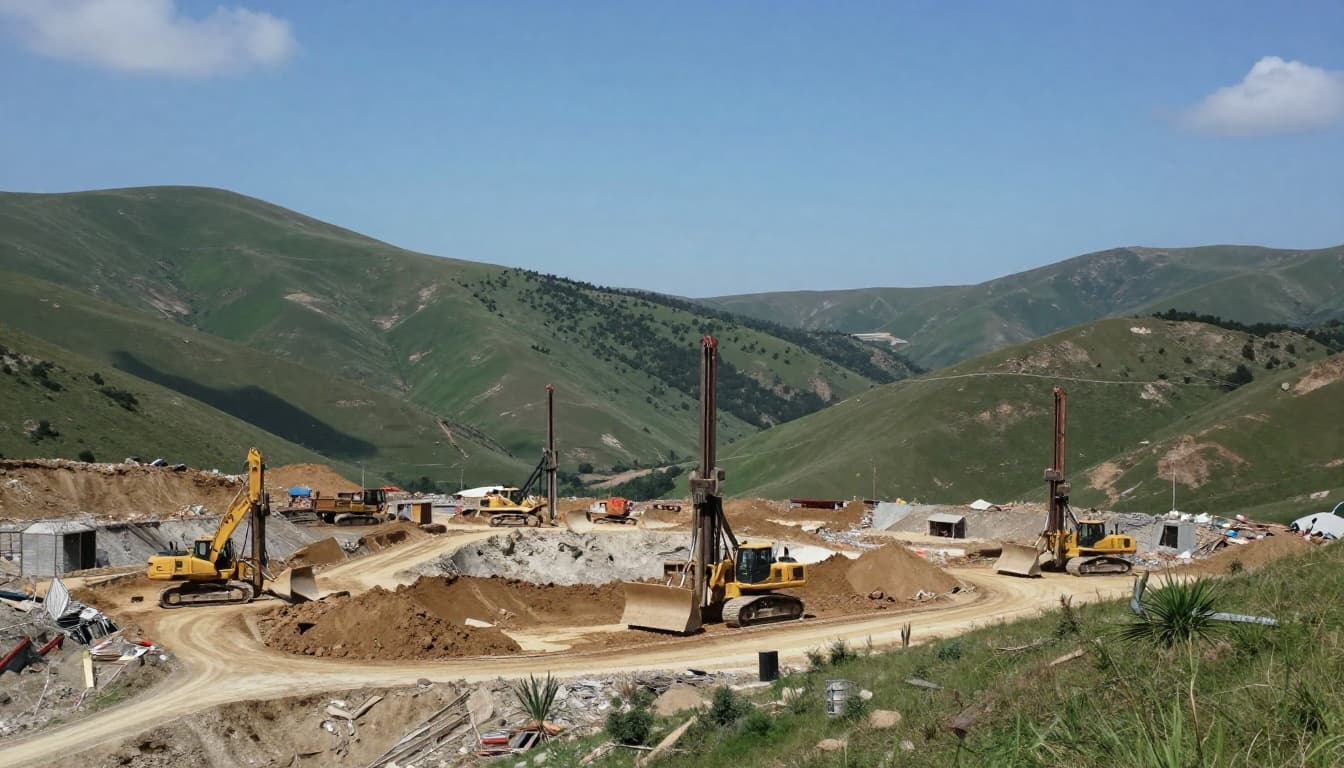 Mountainous construction site for a new copper-gold mine amid green Turkish hills, with active bulldozers and drill rigs moving fresh earth under a blue sky with clouds, in early development phase realistic daylight rendering.