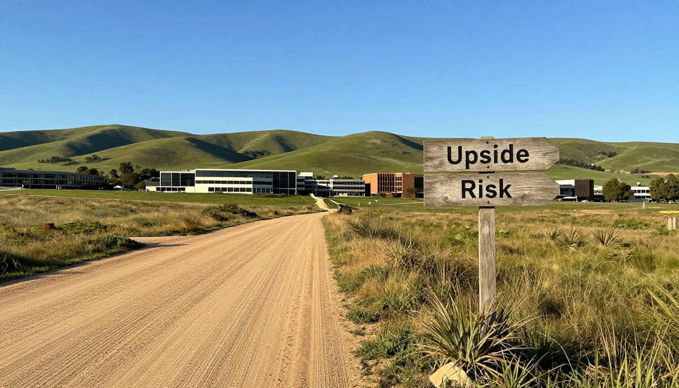A forked dirt road in the foreground features a wooden signpost with arms labeled 'Upside' and 'Risk', leading towards tech campus buildings and green hills under a blue sky in golden hour lighting.