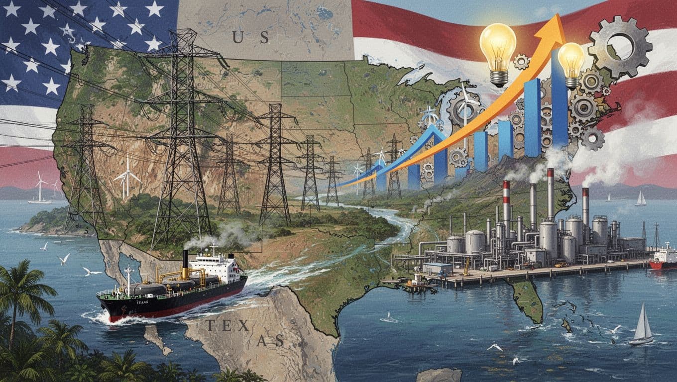 Landscape view of US energy infrastructure featuring power lines extending across a map, an oil tanker leaving a Texas port, manufacturing factory output, and symbols of growth like gears and lightbulbs in patriotic colors. Illustrative realistic blend with dynamic forward momentum mood, no people, no text, no watermarks.
