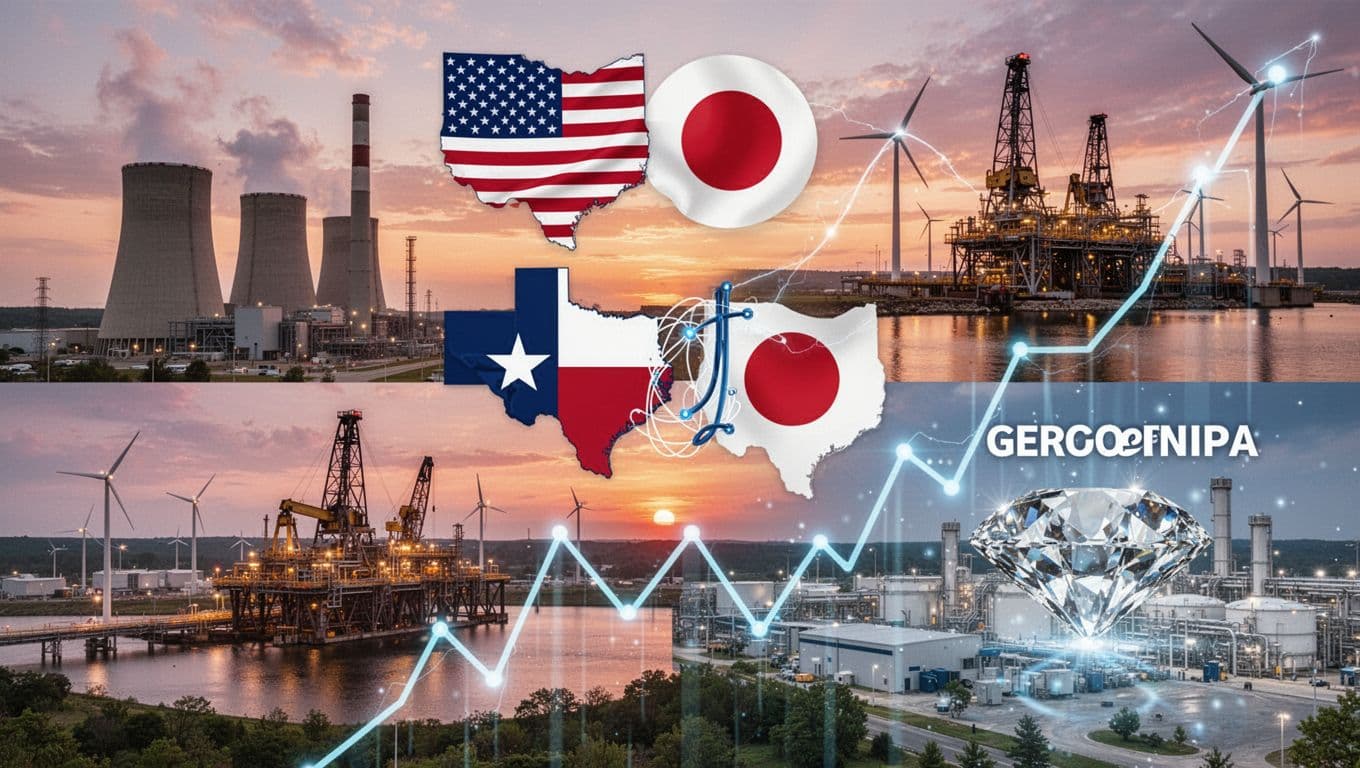Photorealistic landscape collage of Ohio power plant, Texas oil terminal, and Georgia diamond factory, overlaid with US-Japan partnership symbols, conveying future energy growth under a vibrant sunset.