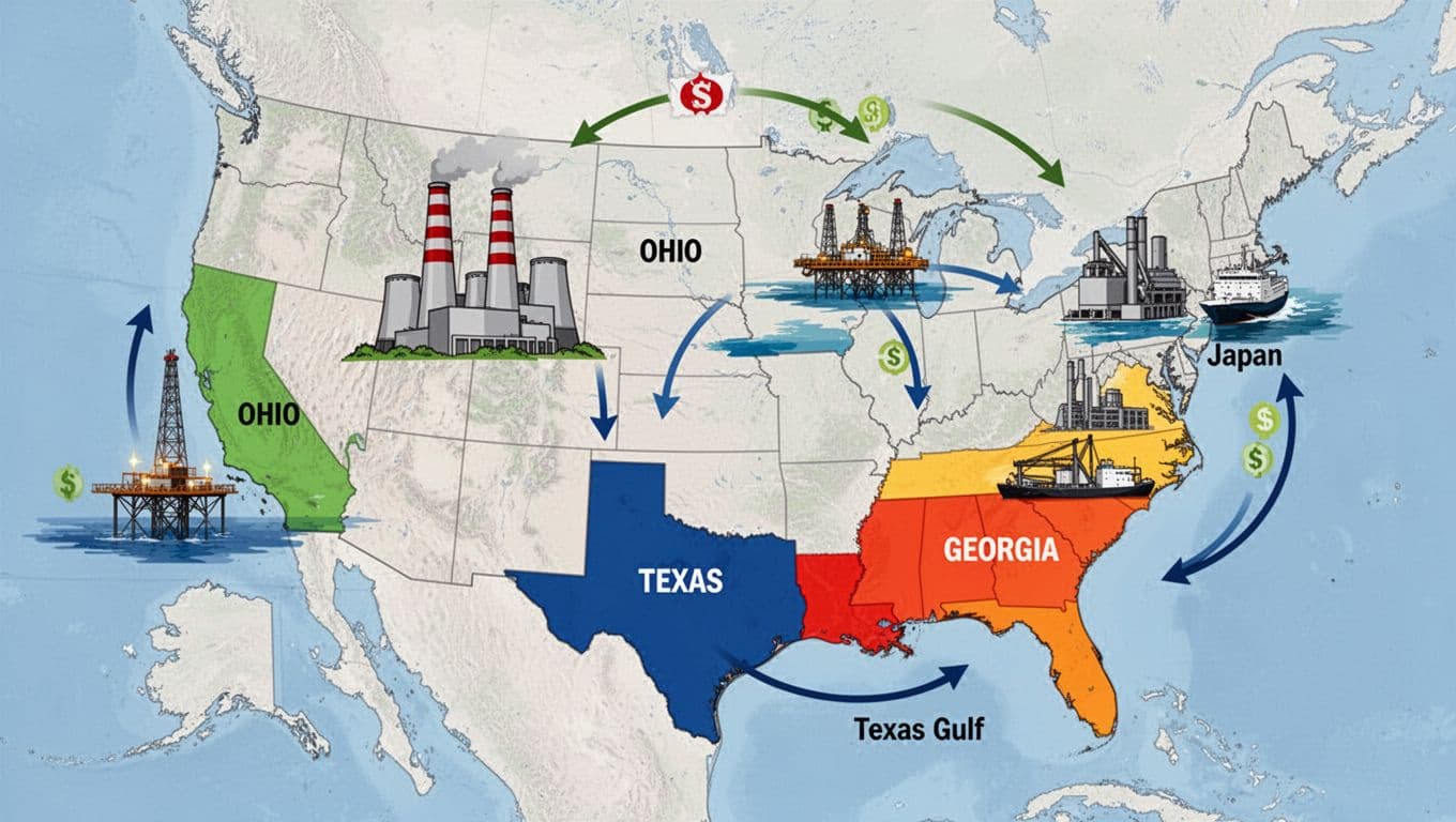 Landscape infographic of continental US map highlighting Ohio Texas and Georgia with power plant oil terminal and factory icons plus arrows showing money flow from Japan.