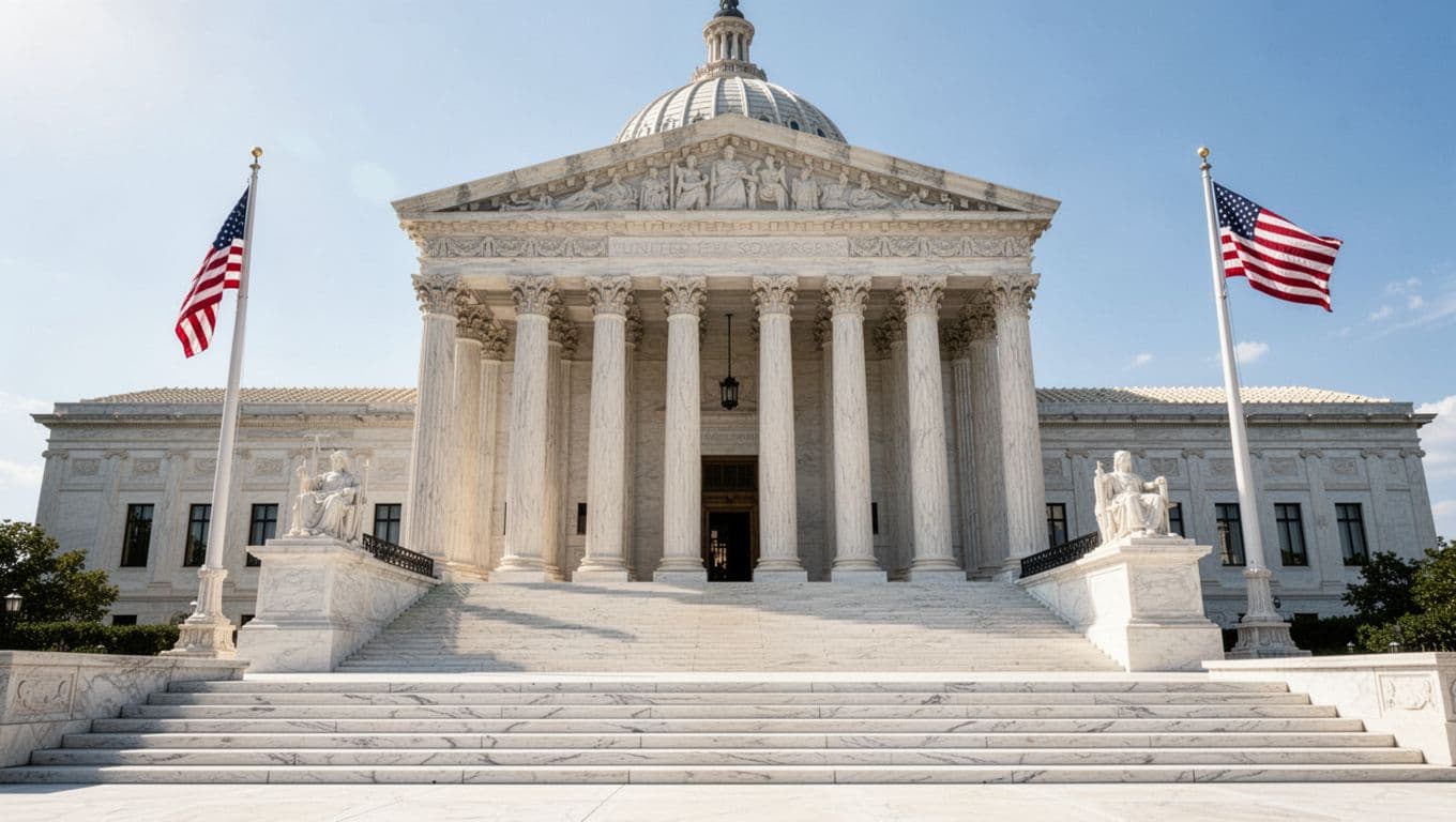 A realistic high-detail photograph of the grand front facade of the US Supreme Court building in Washington DC, viewed from the base of the wide marble steps leading to Corinthian columns under bright midday sunlight with American flags on either side and a clear sky.