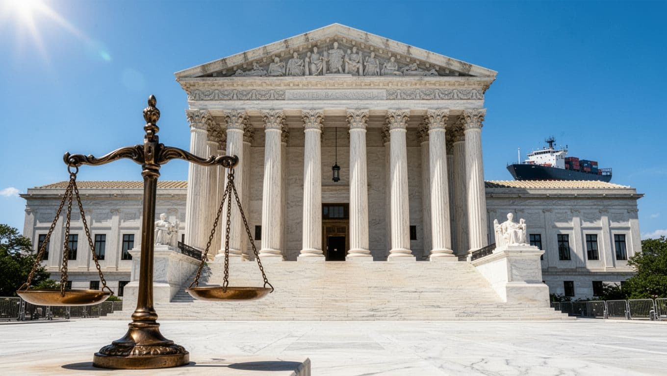 Iconic facade of the United States Supreme Court building in Washington DC on a bright sunny day, featuring grand marble steps, columns, and portico in crisp detail. Foreground includes symbolic balanced scales of justice and subtle cargo ship silhouette representing trade, under clear blue sky with no people or vehicles.