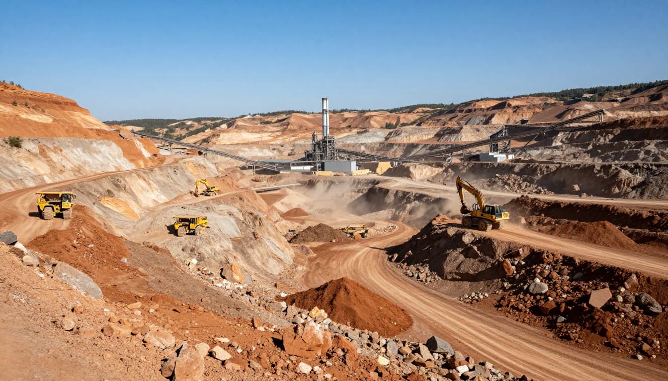 A realistic landscape photograph of a vast open-pit gold mine nestled in rugged mountains under a clear blue sky at midday. Yellow excavators and massive haul trucks dig into ochre-colored earth on terraced benches, with ore piles in the foreground and a distant processing plant.