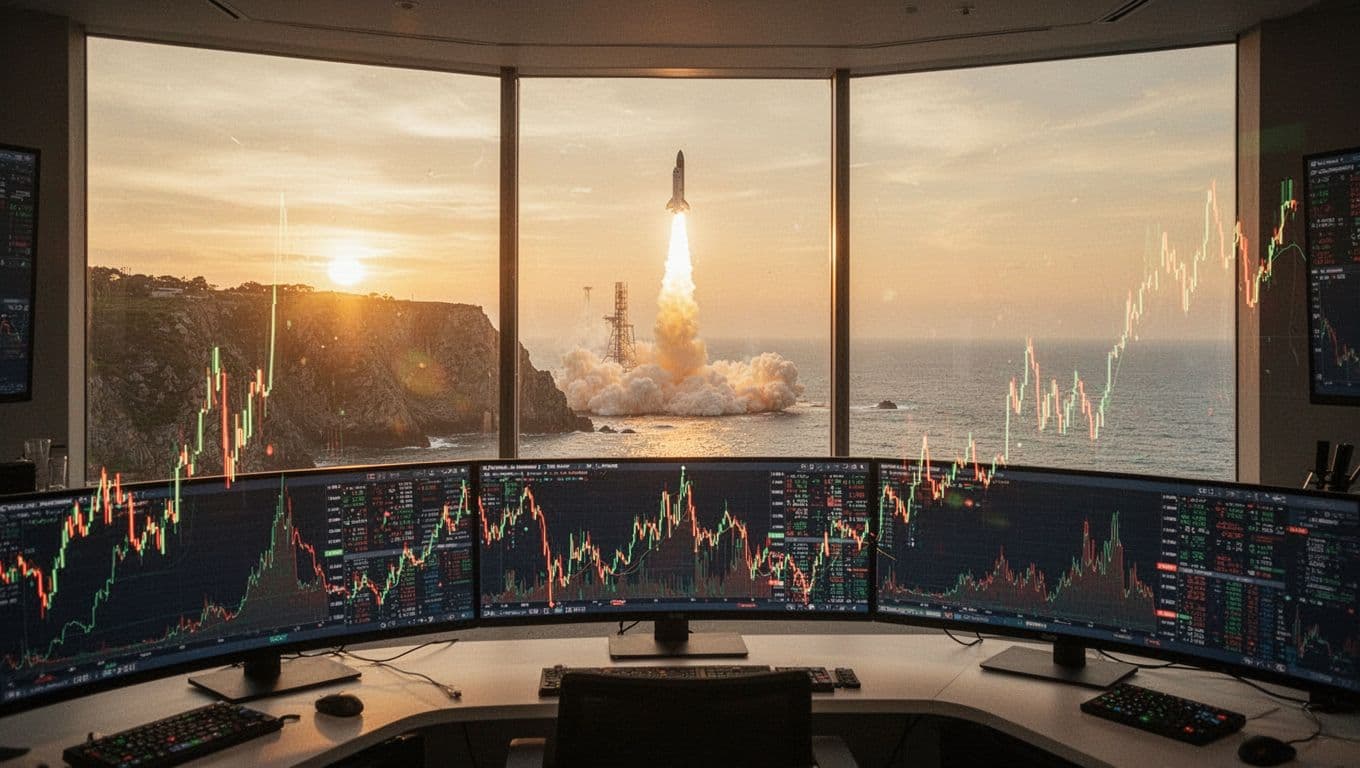 Curved monitor displays dramatic up-and-down stock lines in control room with window view of rocket launching at sunrise over coastal cliffs and ocean.