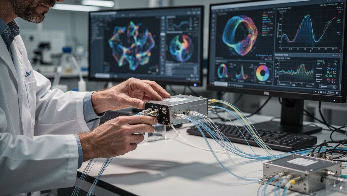 Photo-realistic landscape of next-generation WaveLogic 6 optical transponder modules in a testing lab, connected by fiber optic cables with nearby performance monitoring screens showing abstract graphs and energy efficiency displays. A single lab technician adjusts the setup under soft lighting.