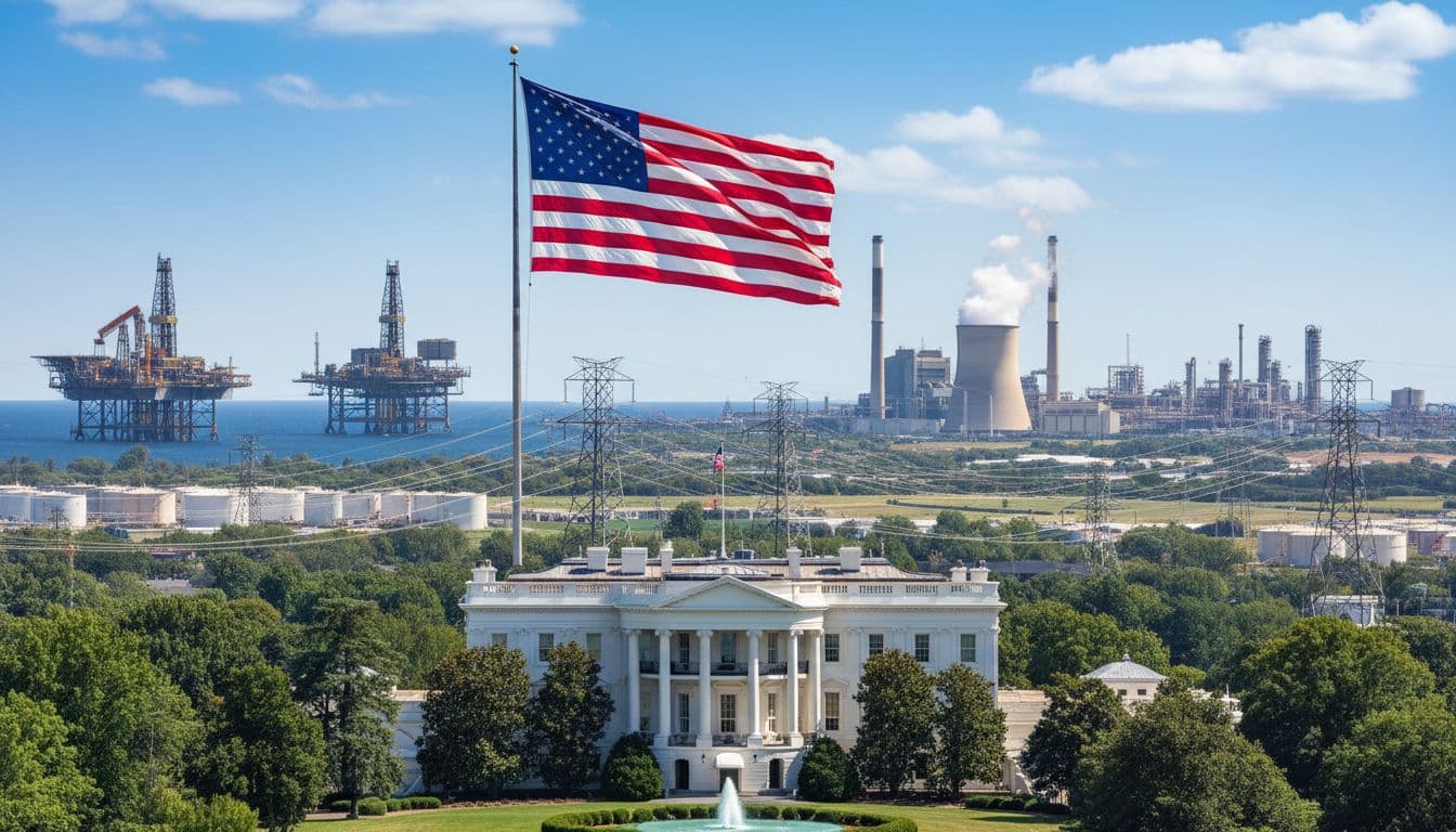 Photorealistic landscape with White House in foreground, waving American flag in midground, and diverse US energy infrastructure like offshore oil platforms, power plants, transmission towers, and refineries in background under clear blue sky.