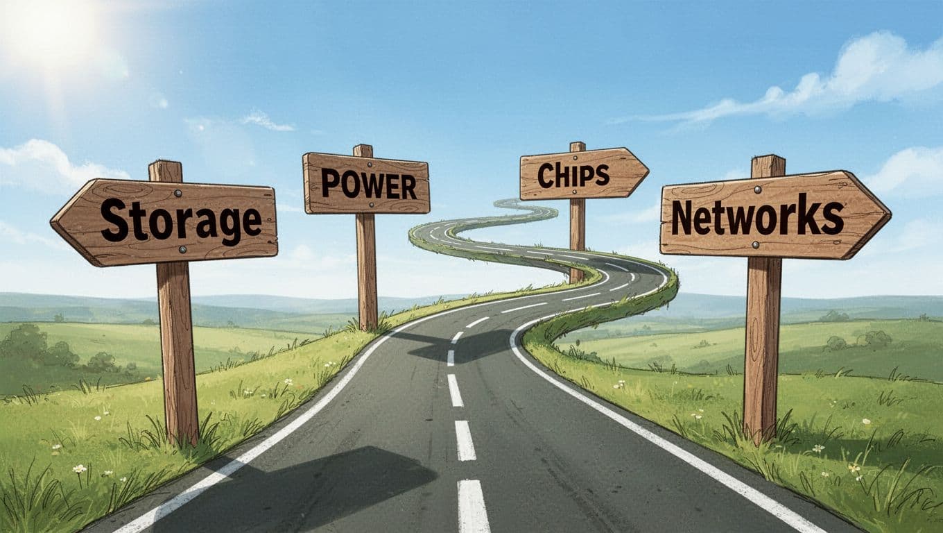 A motivational line art illustration of a curving green road under a sunny blue sky, with wooden signposts clearly labeled 'Storage', 'Power', 'Chips', and 'Networks', evoking optimistic forward progress in technology.
